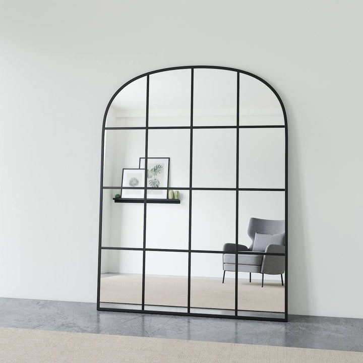 ALTHEA BLACK ARCHED FULL LENGTH METAL WINDOW MIRROR 72" X 55"